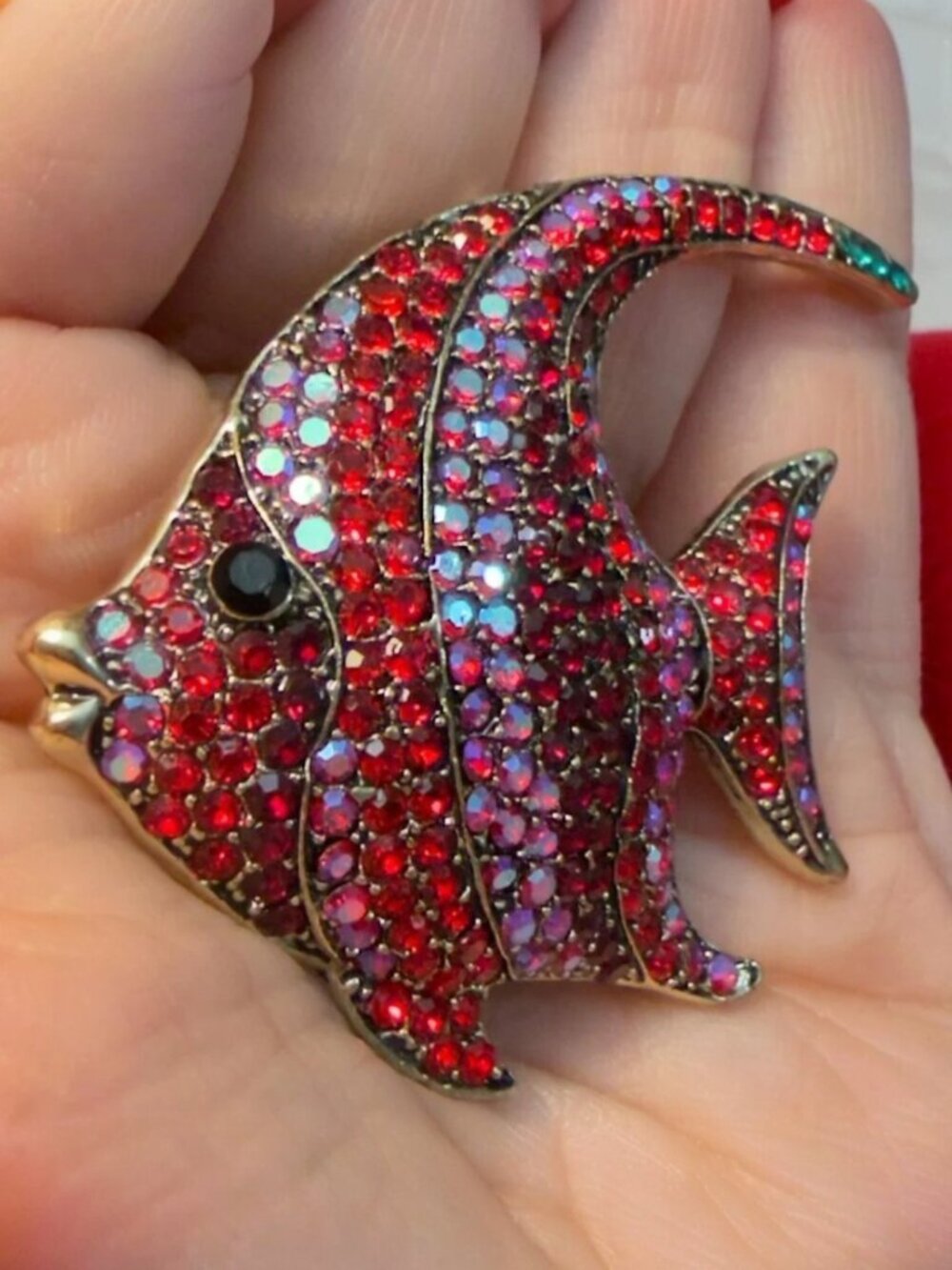 Rhinestone Tropical Fish Brooch Red Statement Pin – 2.25 inches